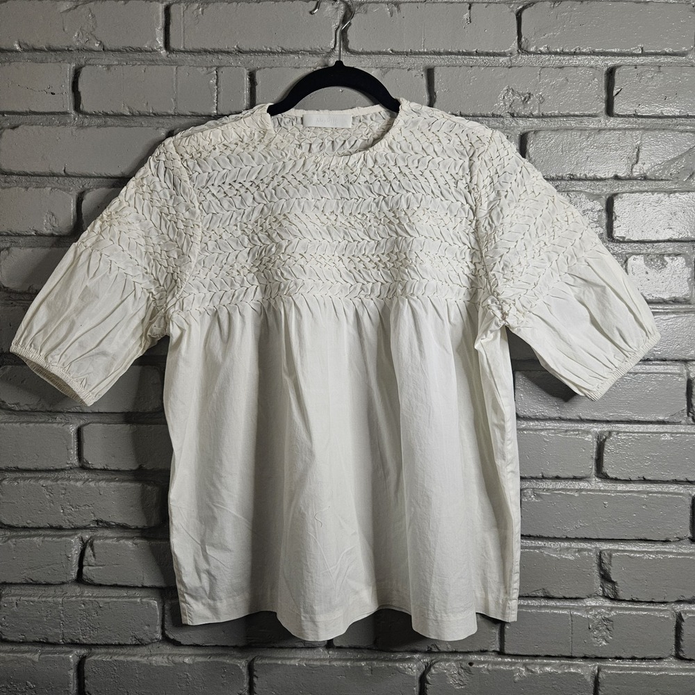 Merlette Womens Shirt Medium Orestes Blouse Ivory Smocked Yoke‎ Puff Sleeves
